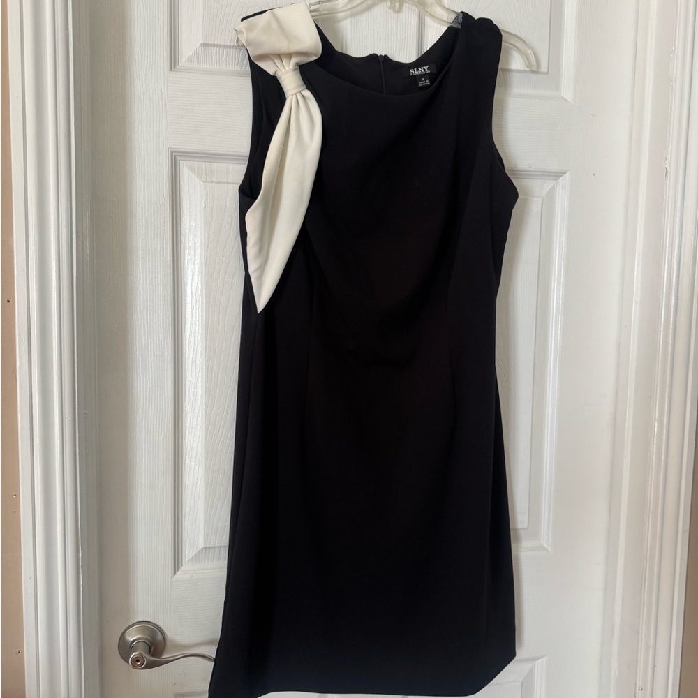 SLNY Black Dress with Ivory Bow Accent